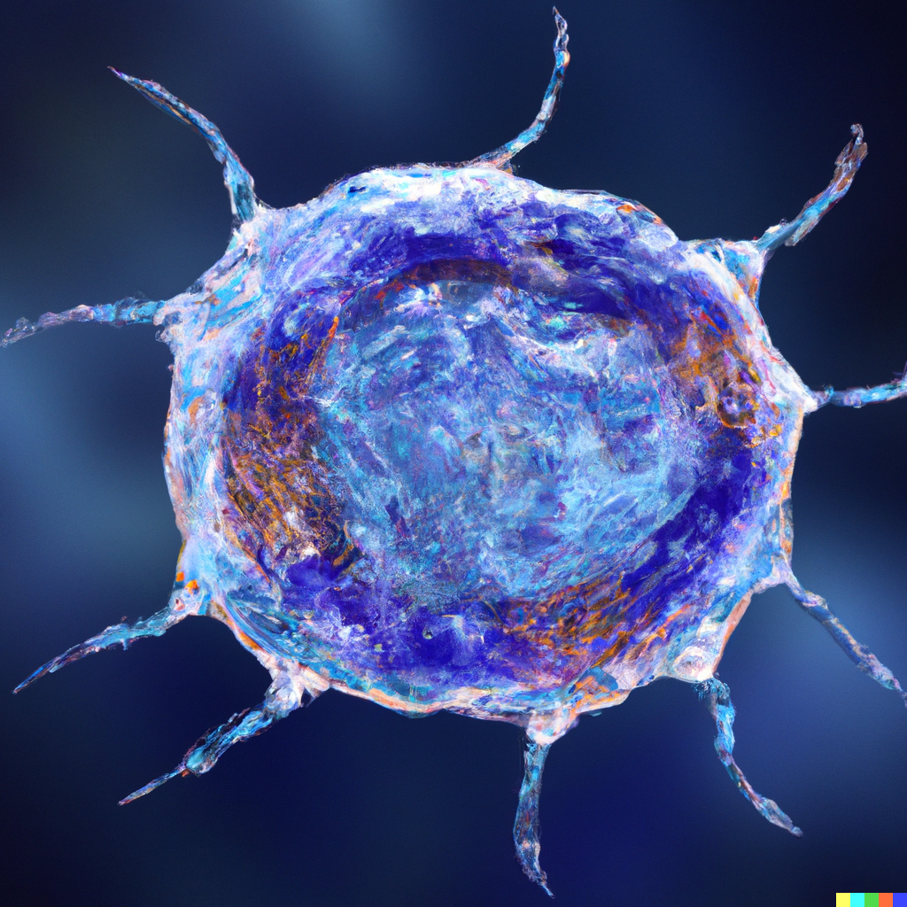 DALL·E 2023-08-16 16.58.16 - high resolution, microscopic image of a dendritic cell with blue background, digital art